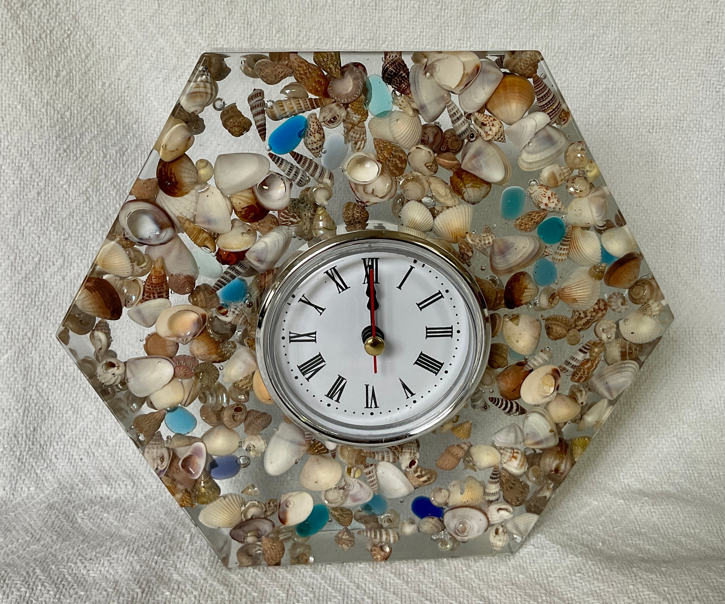 Sea shells and sea glass clear resin hexagonal clock