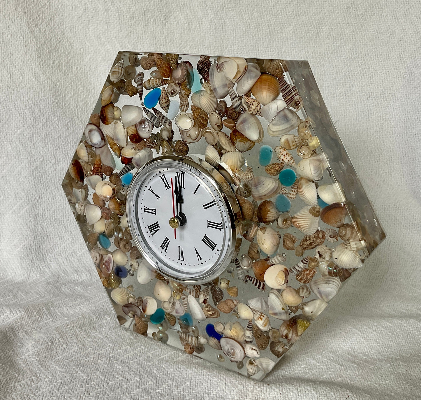 Sea shells and sea glass clear resin hexagonal clock