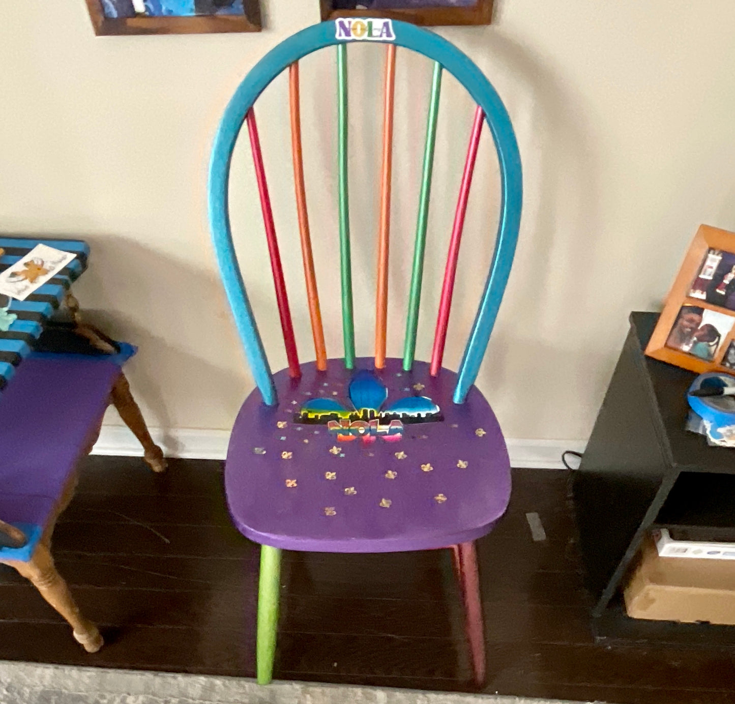 New Orleans Mardi Gras chair, whimsical Mardi Gras chair, painted, embellished with fleur de lis