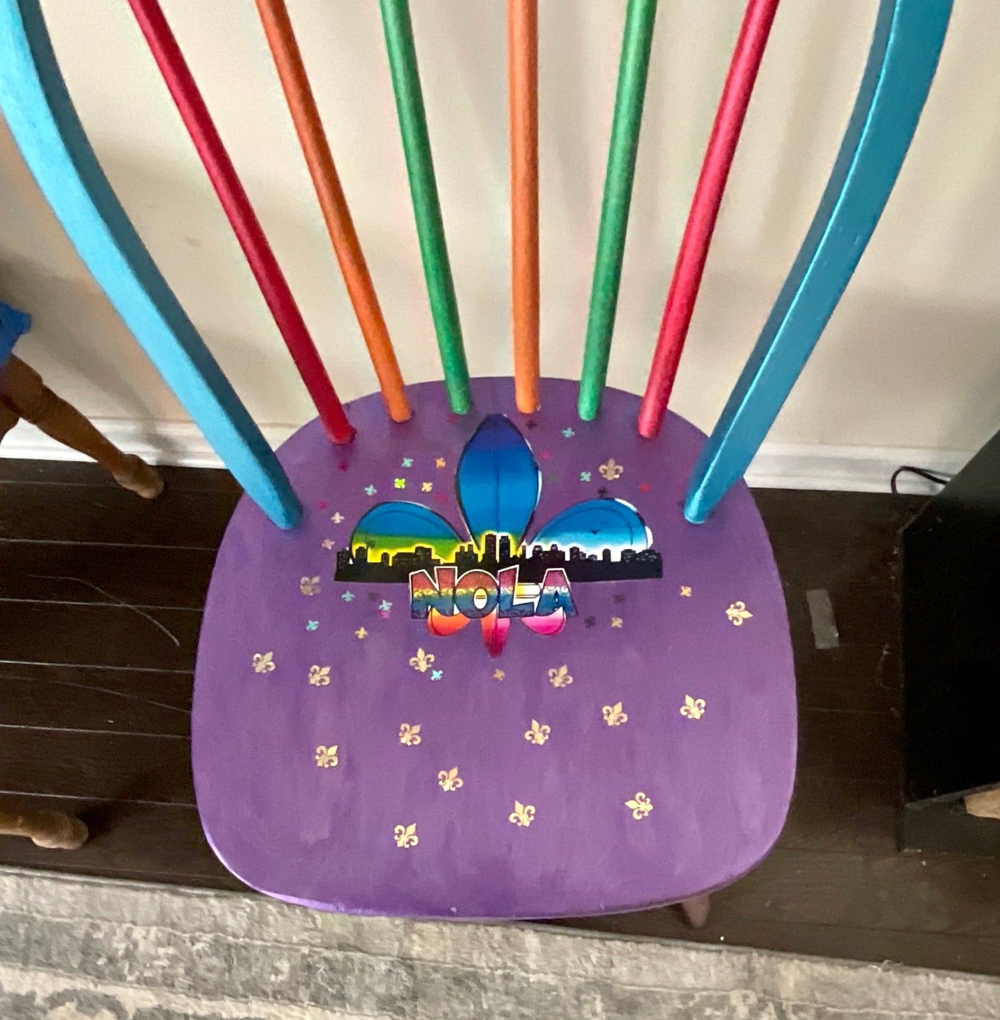 New Orleans Mardi Gras chair, whimsical Mardi Gras chair, painted, embellished with fleur de lis