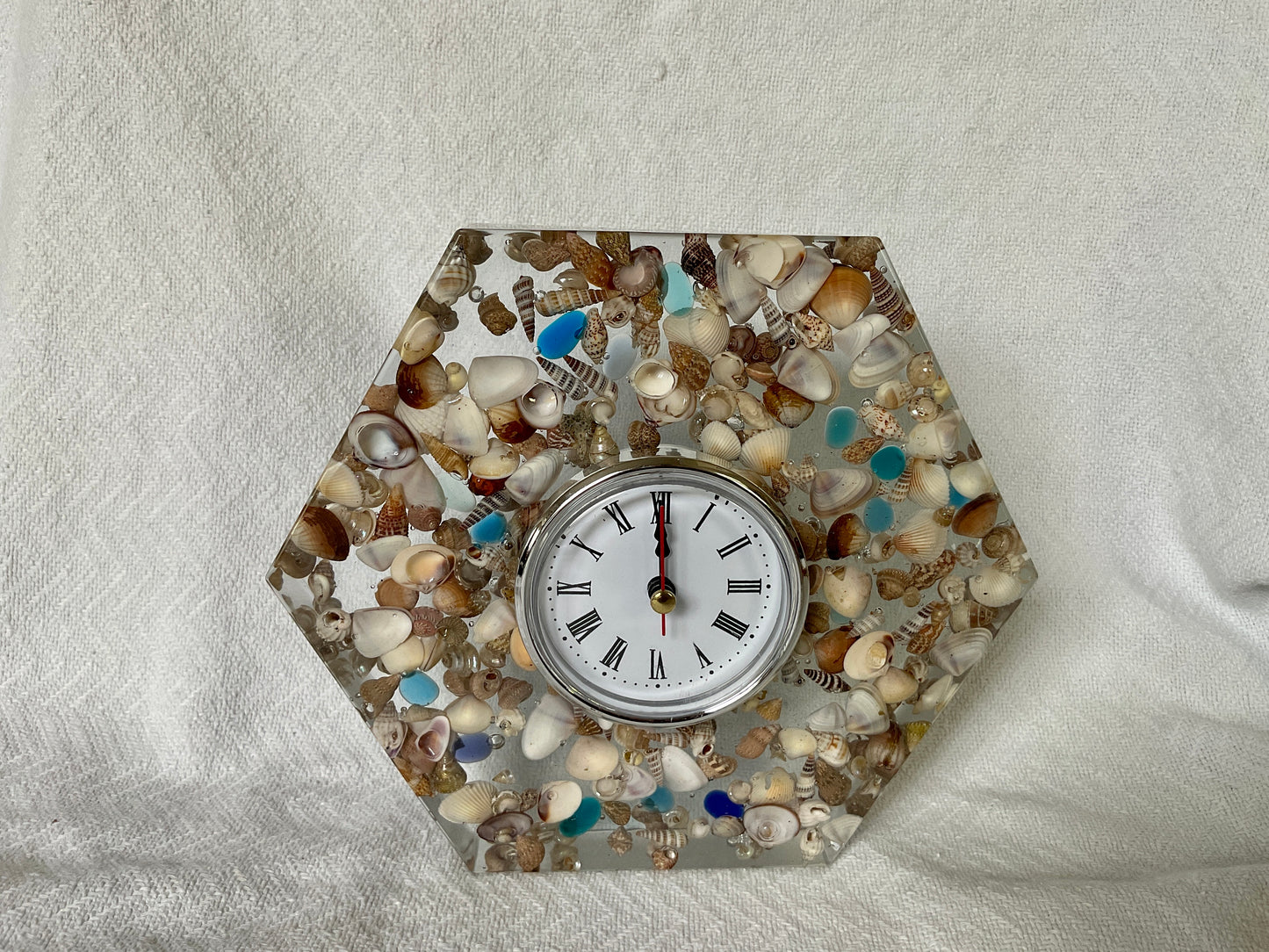 Sea shells and sea glass clear resin hexagonal clock