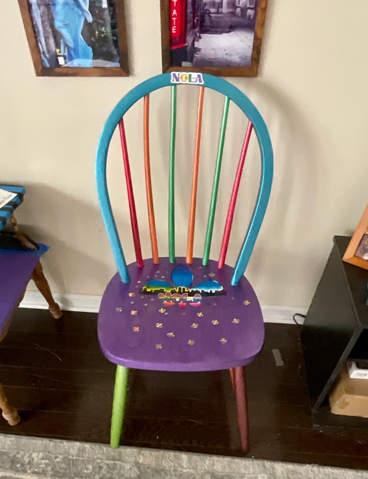New Orleans Mardi Gras chair, whimsical Mardi Gras chair, painted, embellished with fleur de lis